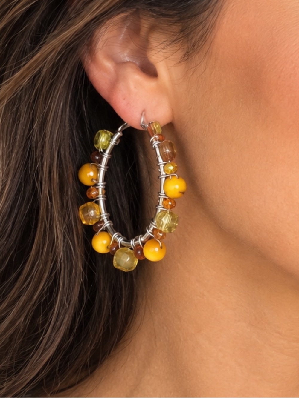 Beaded Silver Hoop Earrings 🧡✨ - Picture 1 of 2